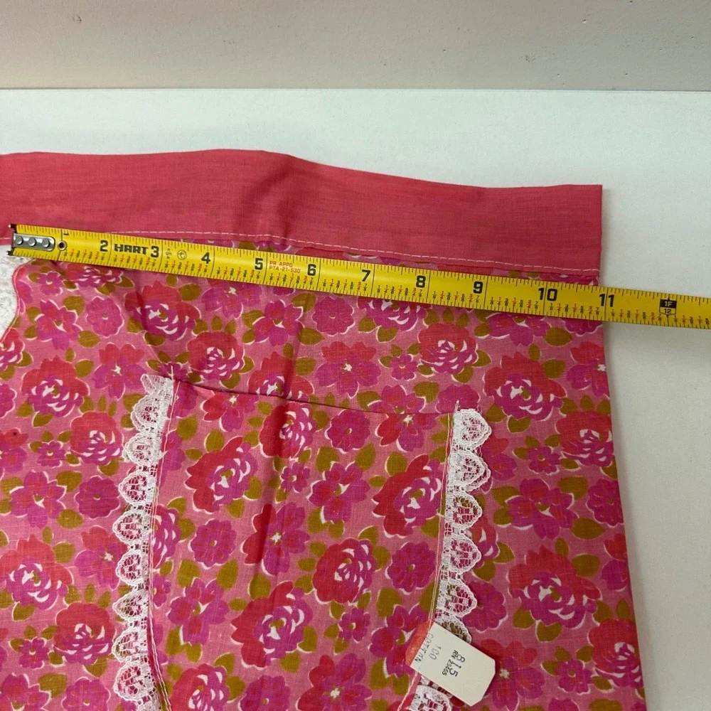 Vintage Pink Floral Cotton Half Apron Lace Trim Pocket RN 25465 NWT Retro 60s